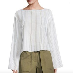BECKEN Flare Bell-Sleeve Striped Cotton Voile Top, White, 0